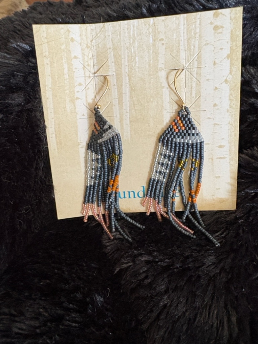 Handmade Beaded Fringe Earrings in Charcoal, Orange & Pink